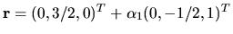 $ {\bf r }=(0, 3/2, 0)^T + \alpha _1(0, -1/2, 1)^T$