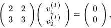 \begin{displaymath}
{
{
\left(
\begin{array}{rr}
2 & 2 \\
3 & 3 \\
\end{...
...ft(
\begin{array}{r}
0 \\
0 \\
\end{array} \right),
}
}
\end{displaymath}