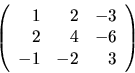 \begin{displaymath}
\left(
\begin{array}{rrr}
1 & 2 & -3 \\
2 & 4 & -6 \\
-1 & -2 & 3 \\
\end{array}\right)
\end{displaymath}