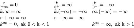 \begin{displaymath}
\begin{array}{lll}
\frac{r}{\pm \infty} = 0 & \frac{k}{0^+}...
...1 & &
k^{\infty} = \infty,\ \mathrm{ak}\ k > 1 \\
\end{array}\end{displaymath}