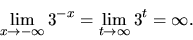 \begin{displaymath}
\lim_{x \rightarrow -\infty}3^{-x} =
\lim_{t \rightarrow \infty}3^t = \infty.
\end{displaymath}