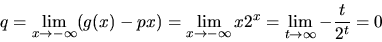 \begin{displaymath}
q = \lim_{x \rightarrow -\infty}(g(x)-px) =
\lim_{x \right...
...-\infty}x 2^x =
\lim_{t \rightarrow \infty}-\frac{t}{2^t} = 0
\end{displaymath}