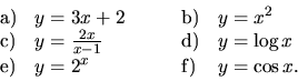 \begin{displaymath}
\begin{array}{llll}
{\mathrm a)} & y = 3x + 2 \quad \quad &...
...\mathrm e)} & y = 2^x &
{\mathrm f)} & y = \cos x.
\end{array}\end{displaymath}