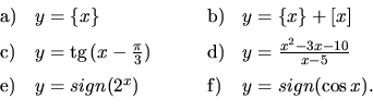 \begin{displaymath}
\begin{array}{llll} \vspace{2mm}
{\mathrm a)} & y = \{x\} &...
...y = sign (2^x) &
{\mathrm f)} & y = sign (\cos x).
\end{array}\end{displaymath}
