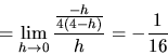 \begin{displaymath}
=\lim_{h \rightarrow 0}\frac{\frac{-h}{4(4-h)}}{h} =
-\frac{1}{16}\end{displaymath}