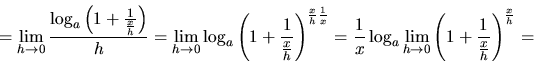 \begin{displaymath}
=\lim_{h \rightarrow 0}
\frac{\log_a\left( 1 + \frac{1}{\fr...
...row 0}\left(
1 + \frac{1}{\frac{x}{h}} \right)^{\frac{x}{h}} =
\end{displaymath}