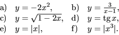 \begin{displaymath}
\begin{array}{llll}
{\mathrm a)} & y = -2x^2, & {\mathrm b)}...
... \vert x\vert, & {\mathrm f)} & y = \vert x^3\vert.
\end{array}\end{displaymath}
